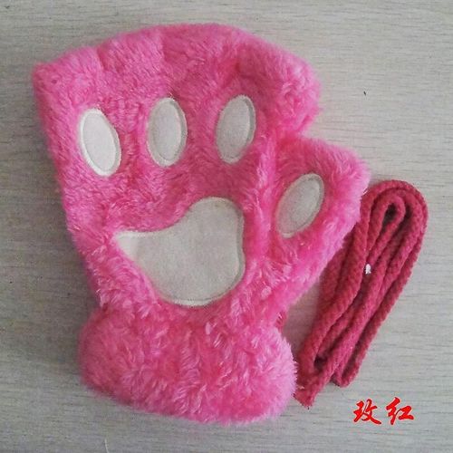 Femmes Belle Bande Dessinée Ours Moelleux Chat Griffe Patte Mitaines Hiver Femme Demi Doigt En Peluche Gants Dames Mitaines Chaud Gants Taille Unique Rose Rouge