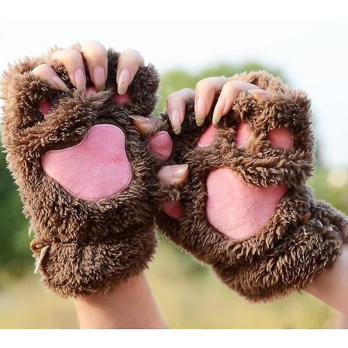 Femmes Belle Bande Dessinée Ours Moelleux Chat Griffe Patte Mitaines Hiver Femelle Demi Doigt Gants En Peluche Dames Gants Chauds Sans Doigts Taille Unique Café Clair