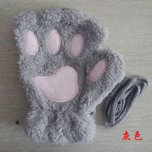 Femmes Belle Bande Dessinée Ours Moelleux Chat Griffe Patte Mitaines Hiver Femme Demi Doigt En Peluche Gants Dames Mitaines Chaud Gants Taille Unique Gris