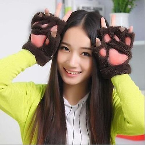 Femmes Belle Bande Dessinée Ours Moelleux Griffe De Chat Patte Mitaines Hiver Femme Demi Doigt Gants En Peluche Dames Sans Doigts Gants Chauds Taille Unique Café