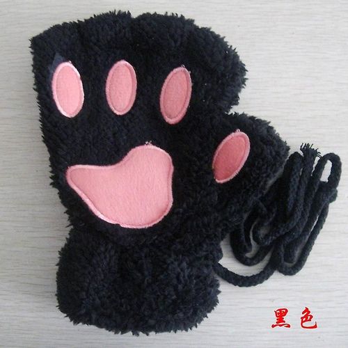 Femmes Belle Bande Dessinée Ours Moelleux Griffe De Chat Patte Mitaines Hiver Femme Demi Doigt Gants En Peluche Dames Mitaines Gants Chauds Taille Unique Noir