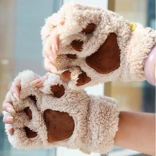 Femmes Belle Bande Dessinée Ours Moelleux Chat Griffe Patte Mitaines Hiver Femme Demi Doigt En Peluche Gants Dames Mitaines Chaud Gants Taille Unique Beige