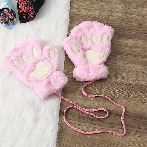 Gants Sans Doigts En Forme De Patte De Chat Mignons, Chauds Et Doux, En Peluche, Sans Doigts, Panda, Demi-Doigt, Pour Femme, Vêtements D'hiver, Cadeaux De Noël, Taille Unique, Rose