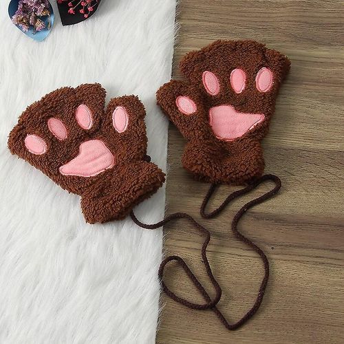 Gants Sans Doigts En Forme De Patte De Chat Mignons, Chauds Et Doux, En Peluche, Sans Doigts, Panda, Demi-Doigt, Vêtements D'hiver Pour Femme, Cadeaux De Noël, Taille Unique, Café Clair