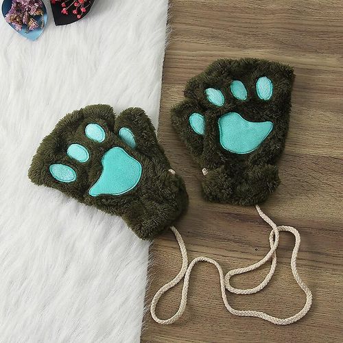 Gants Sans Doigts En Forme De Patte De Chat Mignons, Chauds Et Doux, En Peluche, Sans Doigts, Panda, Demi-Doigt, Pour Femme, Vêtements D'hiver, Cadeaux De Noël, Taille Unique, Vert