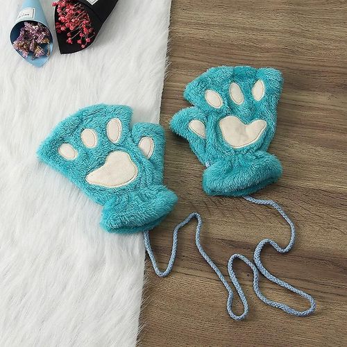 Gants Sans Doigts En Forme De Patte De Chat Mignons, Chauds Et Doux, En Peluche, Sans Doigts, Panda, Demi-Doigt, Pour Femme, Vêtements D'hiver, Cadeaux De Noël, Taille Unique, Bleu