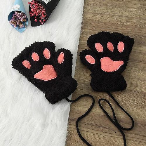 Gants Sans Doigts En Forme De Patte De Chat Mignons, Chauds Et Doux, En Peluche, Sans Doigts, Panda, Demi-Doigt, Pour Femme, Vêtements D'hiver, Cadeaux De Noël, Taille Unique, Noir