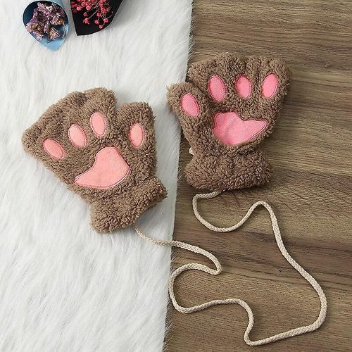 Gants Sans Doigts En Forme De Patte De Chat Mignons, Chauds Et Doux, En Peluche, Sans Doigts, Panda, Demi-Doigt, Pour Femme, Vêtements D'hiver, Cadeaux De Noël, Taille Unique, Kaki