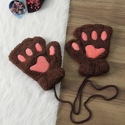 Gants Sans Doigts En Forme De Patte De Chat Mignons, Chauds Et Doux, En Peluche, Sans Doigts, Panda, Demi-Doigt, Vêtements D'hiver Pour Femme, Cadeaux De Noël, Taille Unique, Café Foncé