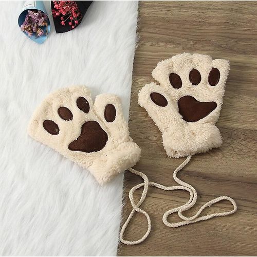 Gants Sans Doigts En Forme De Patte De Chat Mignons, Chauds Et Doux, En Peluche, Sans Doigts, Panda, Demi-Doigt, Vêtements D'hiver Pour Femme, Cadeaux De Noël, Taille Unique, Beige