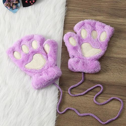 Gants Sans Doigts En Forme De Patte De Chat Mignons, Chauds Et Doux, En Peluche, Sans Doigts, Panda, Demi-Doigt, Pour Femme, Vêtements D'hiver, Cadeaux De Noël, Taille Unique, Violet
