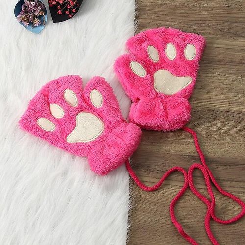 Gants Sans Doigts En Forme De Patte De Chat Mignons, Chauds Et Doux, En Peluche, Sans Doigts, Panda, Demi-Doigt, Pour Femme, Vêtements D'hiver, Cadeaux De Noël, Taille Unique, Rose Rouge