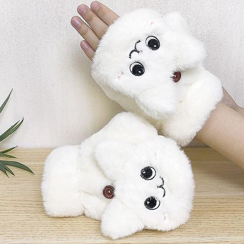 Mitaines D'hiver En Fourrure De Lapin Pour Femmes, Gants Sans Doigts, En Peluche, Chauds, Doux Et Épais, Pour Femmes Et Filles, Flexibles, Demi-Doigt, Taille Unique, Blanc