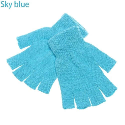 Femmes Hommes Couleur Unie Demi Doigt Mitaines Mitaines Laine Tricot Poignet Gant Hiver Chaud Doux Gants Courts Épais Tricotés Mitaines Type1-Bleu Ciel