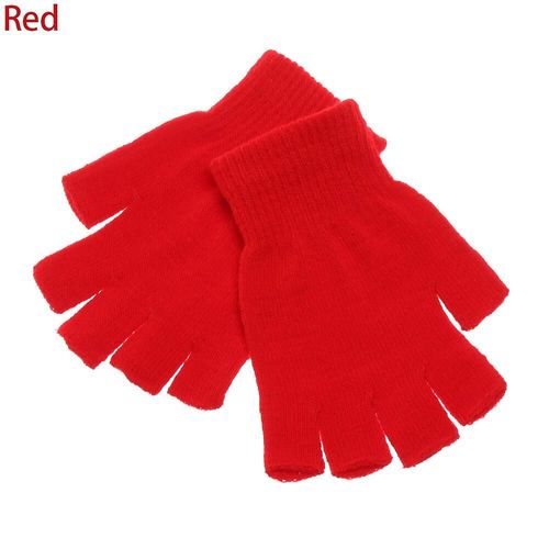 Femmes Hommes Couleur Unie Demi Doigt Mitaines Mitaines Laine Tricot Poignet Gant Hiver Chaud Doux Gants Courts Épais Tricotés Mitaines Type1-Rouge