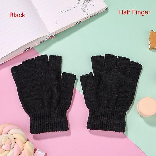 Femmes Hommes Couleur Unie Demi Doigt Mitaines Mitaines Laine Tricot Poignet Gant Hiver Chaud Doux Gants Courts Épais Tricotés Mitaines Type2-Noir