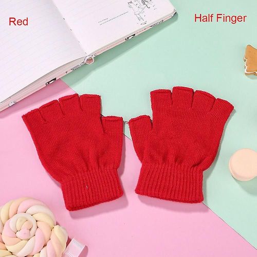 Femmes Hommes Couleur Unie Demi Doigt Mitaines Mitaines Laine Tricot Poignet Gant Hiver Chaud Doux Gants Courts Épais Tricotés Mitaines Type2-Rouge