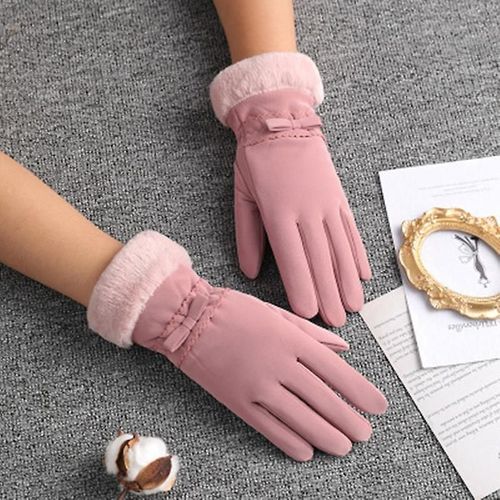 Hiver Femmes Cyclisme En Plein Air Cachemire Épaissir Coupe-Vent Gants Chauds Mignon Arc Velours Étanche Écran Tactile Conduite Mitaines Taille Unique B Rose