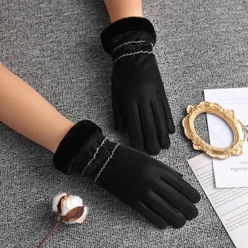 Hiver Femmes Cyclisme En Plein Air Cachemire Épaissir Coupe-Vent Gants Chauds Mignon Arc Velours Étanche Écran Tactile Conduite Mitaines Taille Unique B Noir