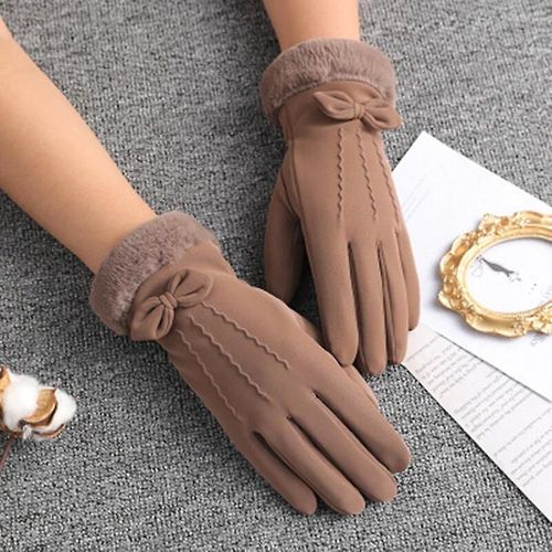 Hiver Femmes Cyclisme En Plein Air Cachemire Épaissir Coupe-Vent Gants Chauds Mignon Arc Velours Étanche Écran Tactile Conduite Mitaines Taille Unique A Kaki