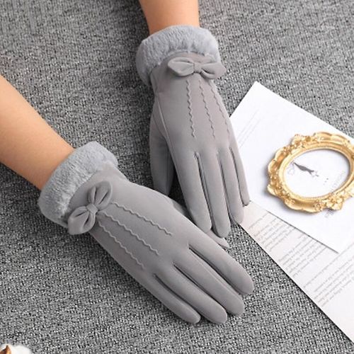 Hiver Femmes Cyclisme En Plein Air Cachemire Épaissir Coupe-Vent Gants Chauds Mignon Arc Velours Étanche Écran Tactile Conduite Mitaines Taille Unique A Gris
