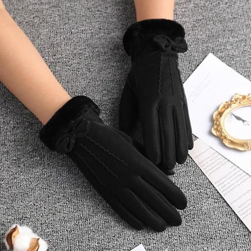 Hiver Femmes Cyclisme En Plein Air Cachemire Épaissir Coupe-Vent Gants Chauds Mignon Arc Velours Étanche Écran Tactile Conduite Mitaines Taille Unique A Noir