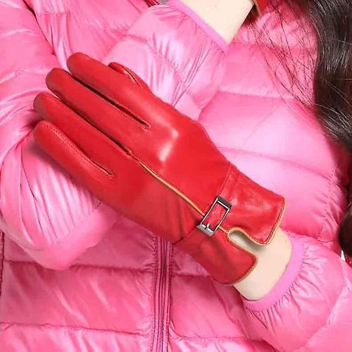 Gants D'hiver En Cuir Véritable Pour Femmes, Marque En Peau De Mouton, Chaud, Couleur Unie, Véritable Mouton, Gants De Fête À La Mode, Taille Unique, Rouge