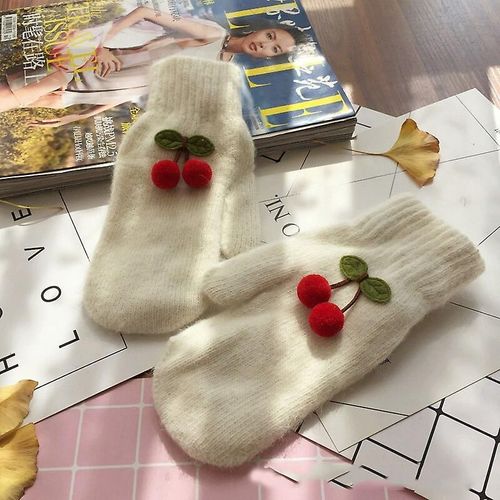 Femmes Hiver Mignon Belle Garder Au Chaud Mitaines Doigt Complet Gants À Tricoter Cerise Plus Velours À L'intérieur Épaissir Coupe-Vent Doux Femme Taille Unique Blanc