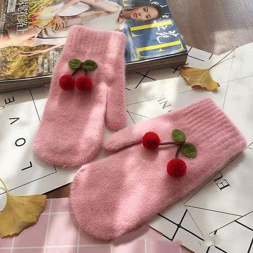 Femmes Hiver Mignon Belle Garde Au Chaud Mitaines Doigt Complet Gants À Tricoter Cerise Plus Velours À L'intérieur Épaissir Coupe-Vent Doux Femme Taille Unique Rose 2