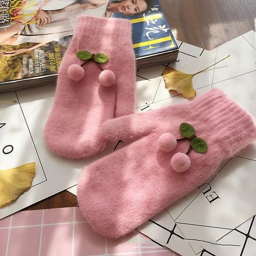 Femmes Hiver Mignon Belle Garder Au Chaud Mitaines Doigt Complet Gants À Tricoter Cerise Plus Velours À L'intérieur Épaissir Coupe-Vent Doux Femme Taille Unique Rose