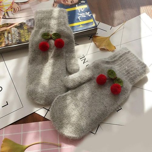 Femmes Hiver Mignon Belle Garde Au Chaud Mitaines Doigt Complet Gants À Tricoter Cerise Plus Velours À L'intérieur Épaissir Coupe-Vent Doux Femme Taille Unique Gris Clair 2