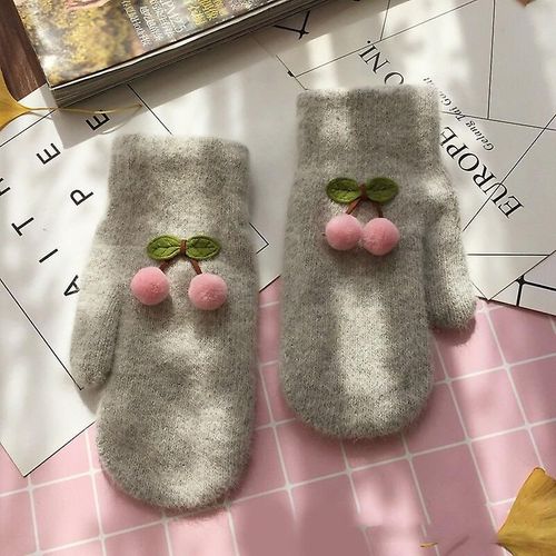 Femmes Hiver Mignon Belle Garder Au Chaud Mitaines Doigt Complet Gants À Tricoter Cerise Plus Velours À L'intérieur Épaissir Coupe-Vent Doux Femme Taille Unique Gris Clair