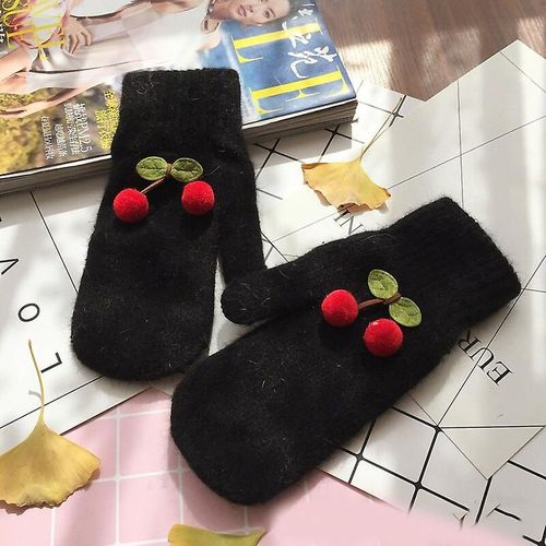 Femmes Hiver Mignon Belle Garder Au Chaud Mitaines Doigt Complet Gants À Tricoter Cerise Plus Velours À L'intérieur Épaissir Coupe-Vent Doux Femme Taille Unique Noir