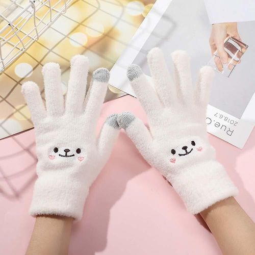 1 Paire De Gants Chauds D'hiver En Peluche, Mignons Étudiants Japonais, Gants Tricotés Avec Sourire, Gants À Cinq Doigts, Taille Unique, Blanc