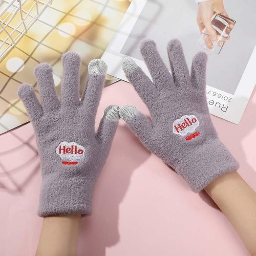 1 Paire De Gants Chauds D'hiver En Peluche, Mignons Étudiants Japonais, Gants Tricotés Avec Sourire, Gants À Cinq Doigts, Taille Unique, Violet, Gris