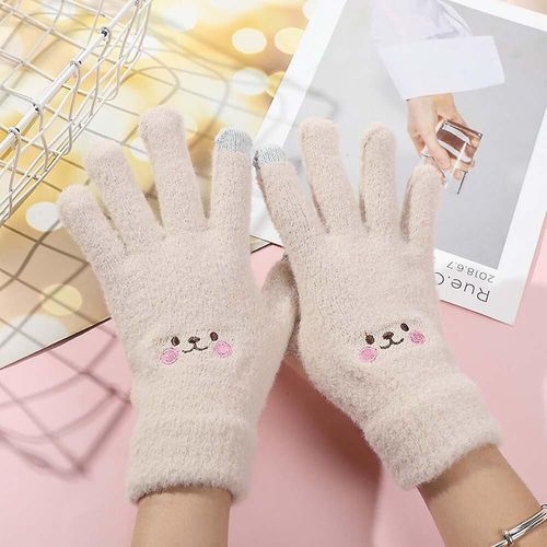 Paire De Gants Chauds D'hiver En Peluche, Mignons Étudiants Japonais, Gants Tricotés Avec Sourire, Gants À Cinq Doigts, Taille Unique, Kaki