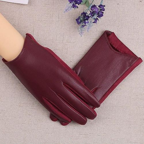 Gants D'hiver En Cuir Suédé Pour Femme, Épais, Écran Tactile, Couleur Unie, Gants De Conduite Chauds, Mitaines À Doigts Complets, Vin Rouge