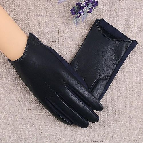 Gants D'hiver En Cuir Suédé Pour Femme, Épais, Écran Tactile, Couleur Unie, Gants De Conduite Chauds, Mitaines À Doigts Complets, Bleu Marine