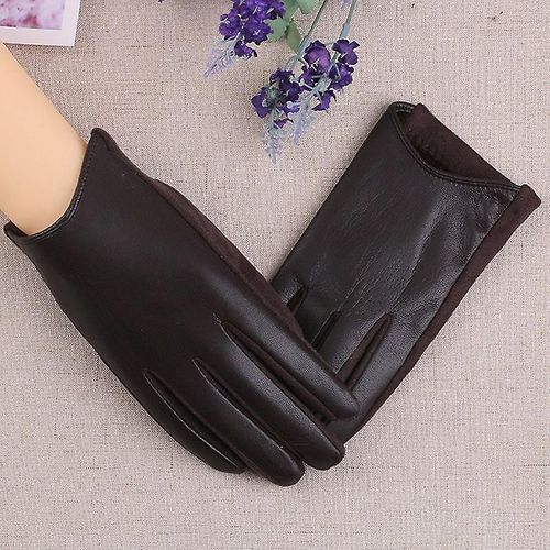 Gants D'hiver En Cuir Suédé Pour Femme, Épais, Écran Tactile, Couleur Unie, Gants De Conduite Chauds, Mitaines À Doigts Complets, Marron Foncé