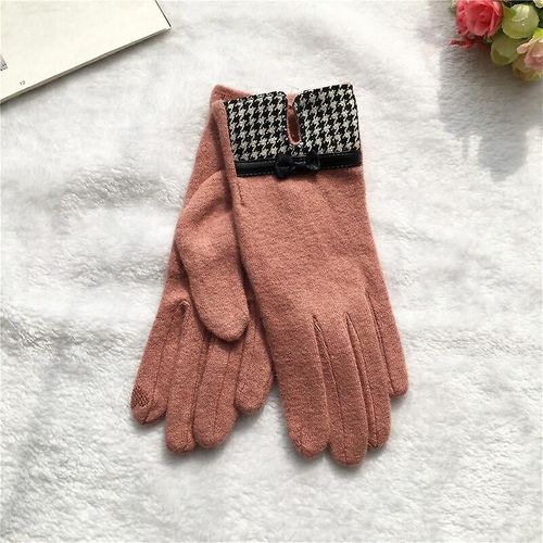 Mode Élégante Femme Laine Tricot Broderie Écran Tactile Gants Hiver Femmes Chaud Cachemire Doigt Complet En Cuir Arc Gants Taille Unique A29 C Rose