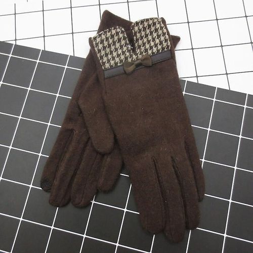Mode Élégante Femme Laine Tricot Broderie Écran Tactile Gants Hiver Femmes Chaud Cachemire Doigt Complet En Cuir Arc Gants Taille Unique A29 C Café