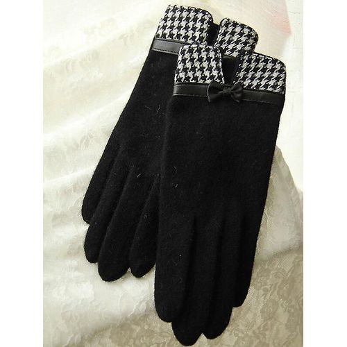 Mode Élégante Femme Laine Tricot Broderie Écran Tactile Gants Hiver Femmes Chaud Cachemire Doigt Complet En Cuir Arc Gants Taille Unique A29 C Noir