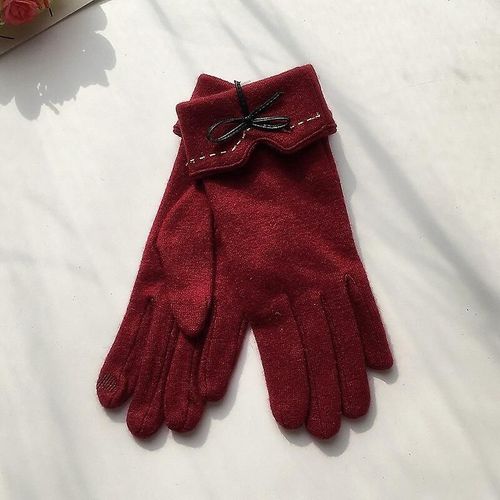 Mode Élégante Femme Laine Tricot Broderie Écran Tactile Gants Hiver Femmes Chaud Cachemire Doigt Complet En Cuir Arc Gants Taille Unique A29 A Vin Rouge