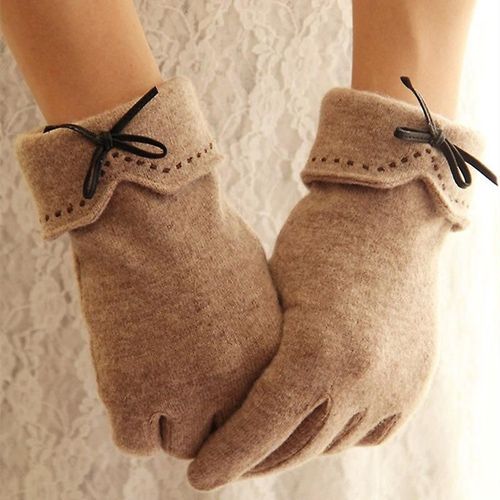 Mode Élégante Femme Laine Tricot Broderie Écran Tactile Gants Hiver Femmes Chaud Cachemire Doigt Complet En Cuir Arc Gants Taille Unique A29 A Café Clair