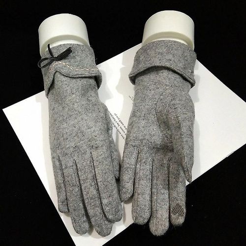 Mode Élégante Femme Laine Tricot Broderie Écran Tactile Gants Hiver Femmes Chaud Cachemire Doigt Complet En Cuir Arc Gants Taille Unique A29 A Gris