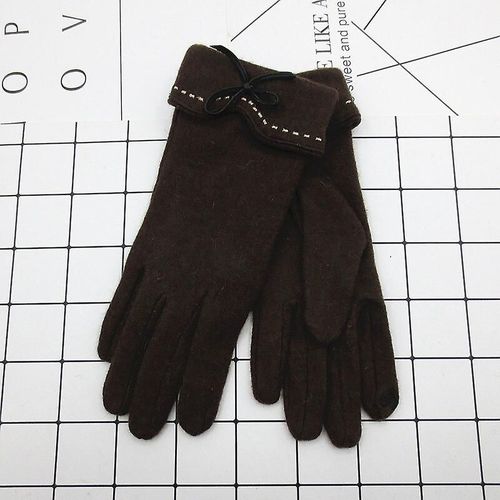 Mode Élégante Femme Laine Tricot Broderie Écran Tactile Gants Hiver Femmes Chaud Cachemire Doigt Complet En Cuir Arc Gants Taille Unique A29 A Café