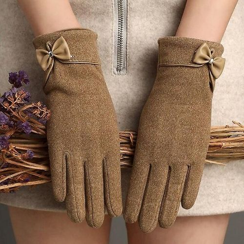 Haute Qualité Mode Femmes Élégantes Écran Tactile Gant Hiver Femme Dentelle Chaud Cachemire Arc Doigt Complet Mitaines Poignet Taille Unique H80 Kaki