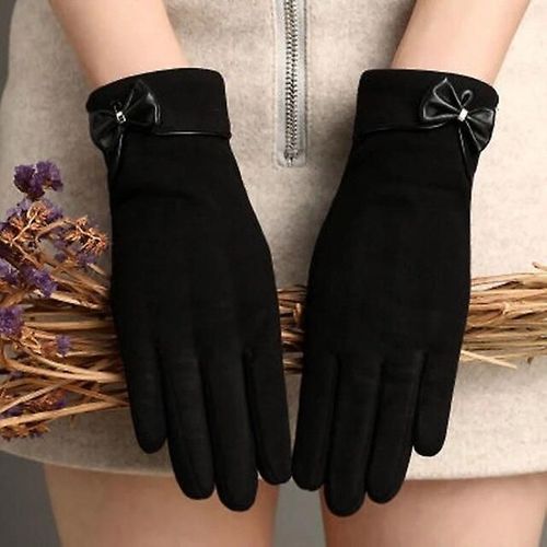 Haute Qualité Mode Femmes Élégantes Écran Tactile Gant Hiver Femme Dentelle Chaud Cachemire Arc Doigt Complet Mitaines Poignet Taille Unique H80 Noir