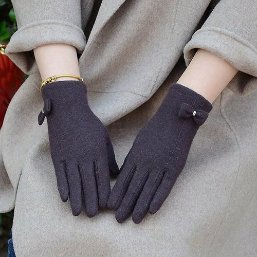 Mode Élégante Femme Laine Tricot Broderie Écran Tactile Gants Hiver Femmes Chaud Cachemire Doigt Complet En Cuir Arc Gants Taille Unique C21 Café
