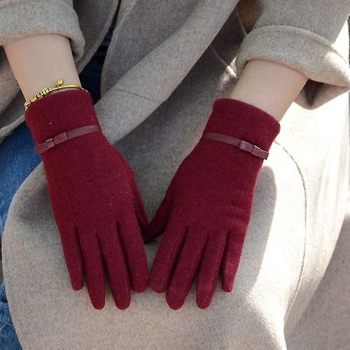 Mode Élégante Femme Laine Tricot Broderie Écran Tactile Gants Hiver Femmes Chaud Cachemire Doigt Complet En Cuir Arc Gants Taille Unique C23 Vin Rouge